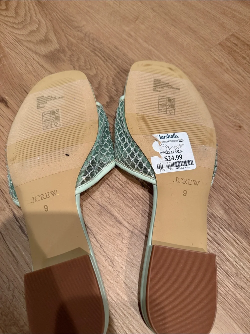 Never Worn JCrew Light Green Slide Sandals with Mesh Rhinestone Strap